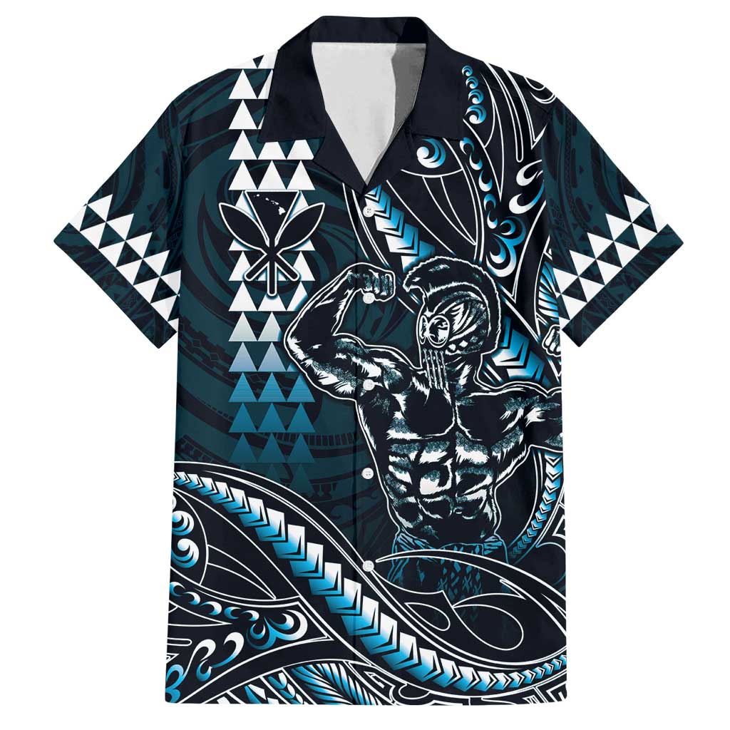 Hawaii Ikaika Warrior Helmet Family Matching Long Sleeve Bodycon Dress and Hawaiian Shirt Blue Tribal Tattoo