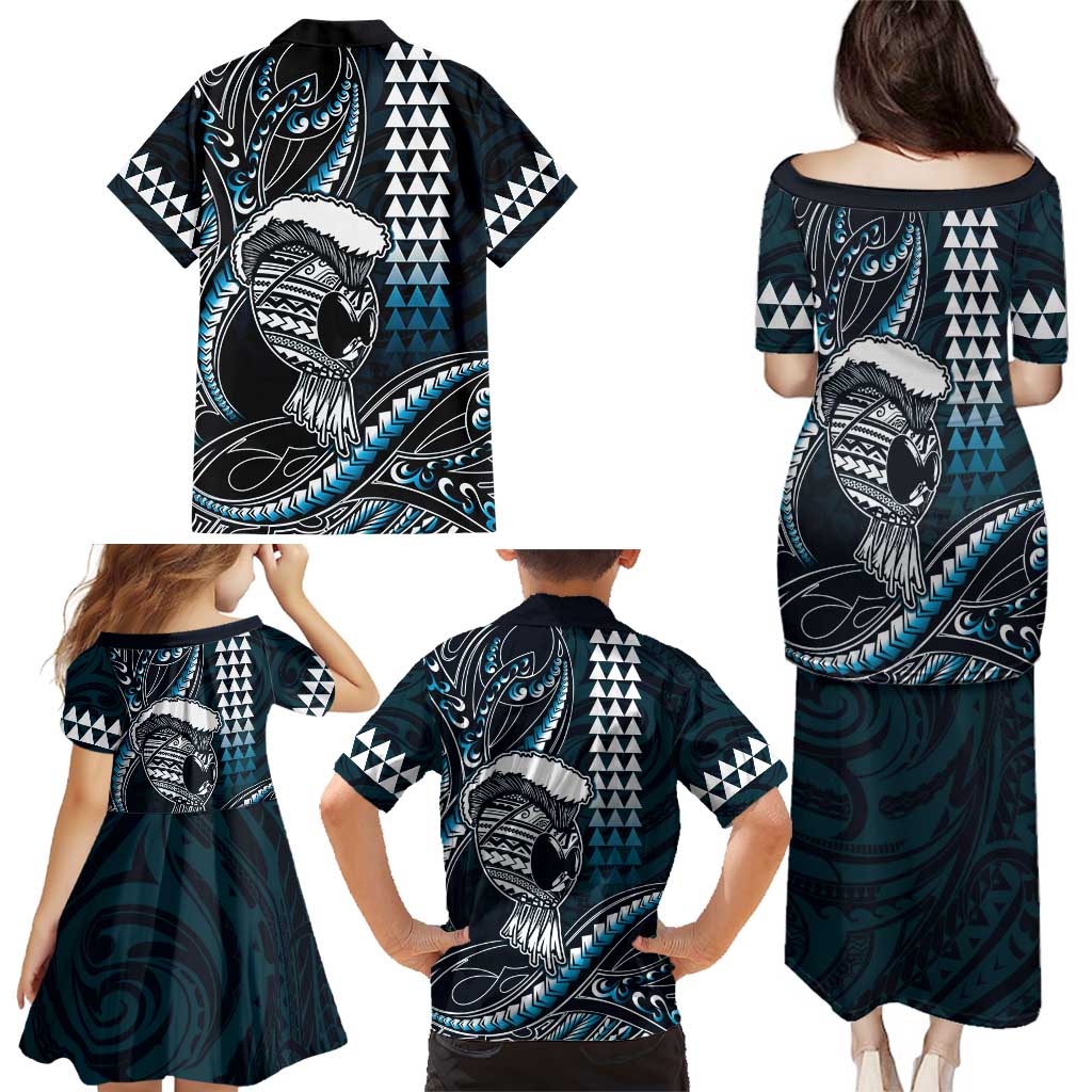 Hawaii Ikaika Warrior Helmet Family Matching Puletasi and Hawaiian Shirt Blue Tribal Tattoo