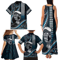 Hawaii Ikaika Warrior Helmet Family Matching Tank Maxi Dress and Hawaiian Shirt Blue Tribal Tattoo