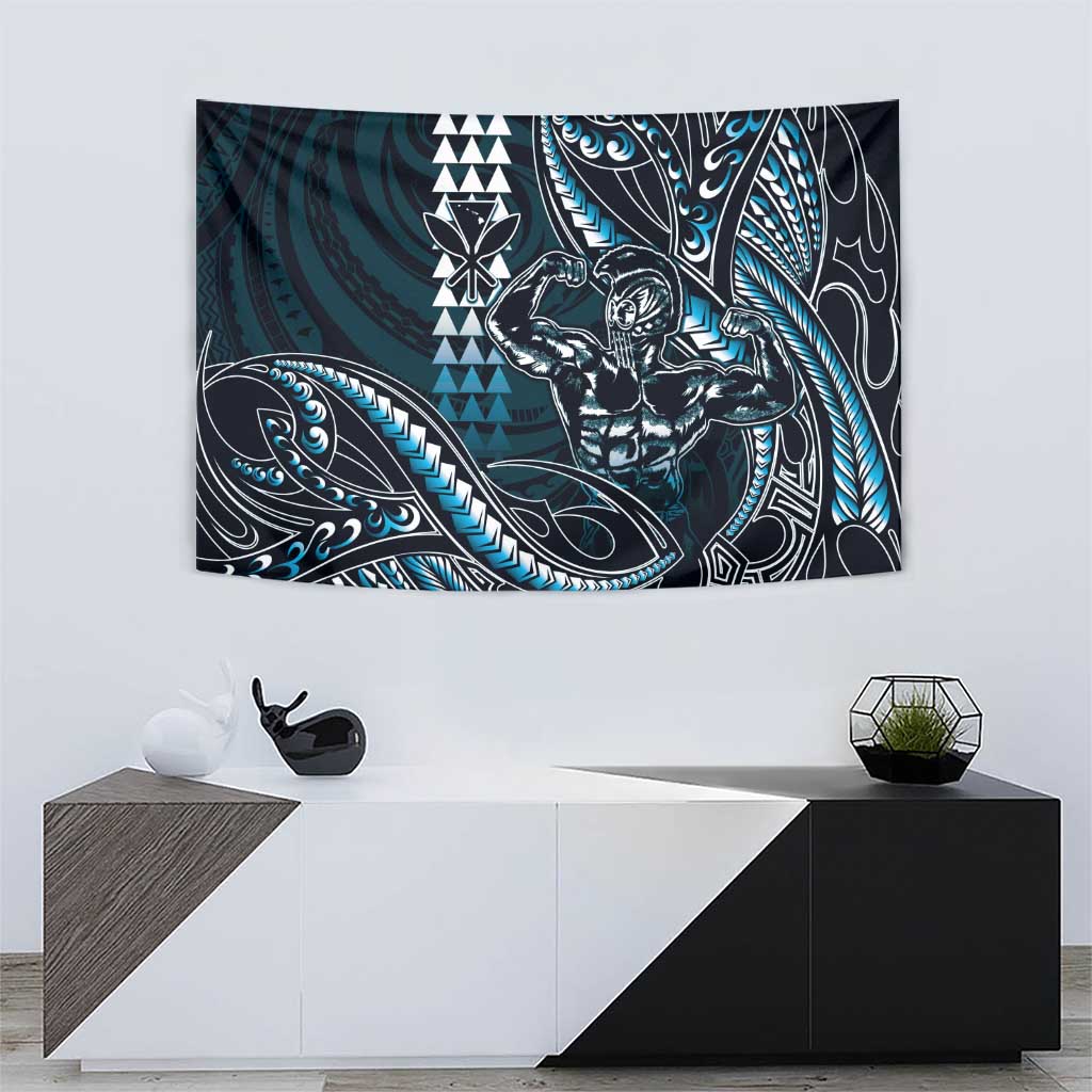 Hawaii Ikaika Warrior Helmet Tapestry Blue Tribal Tattoo LT05 - Polynesian Pride