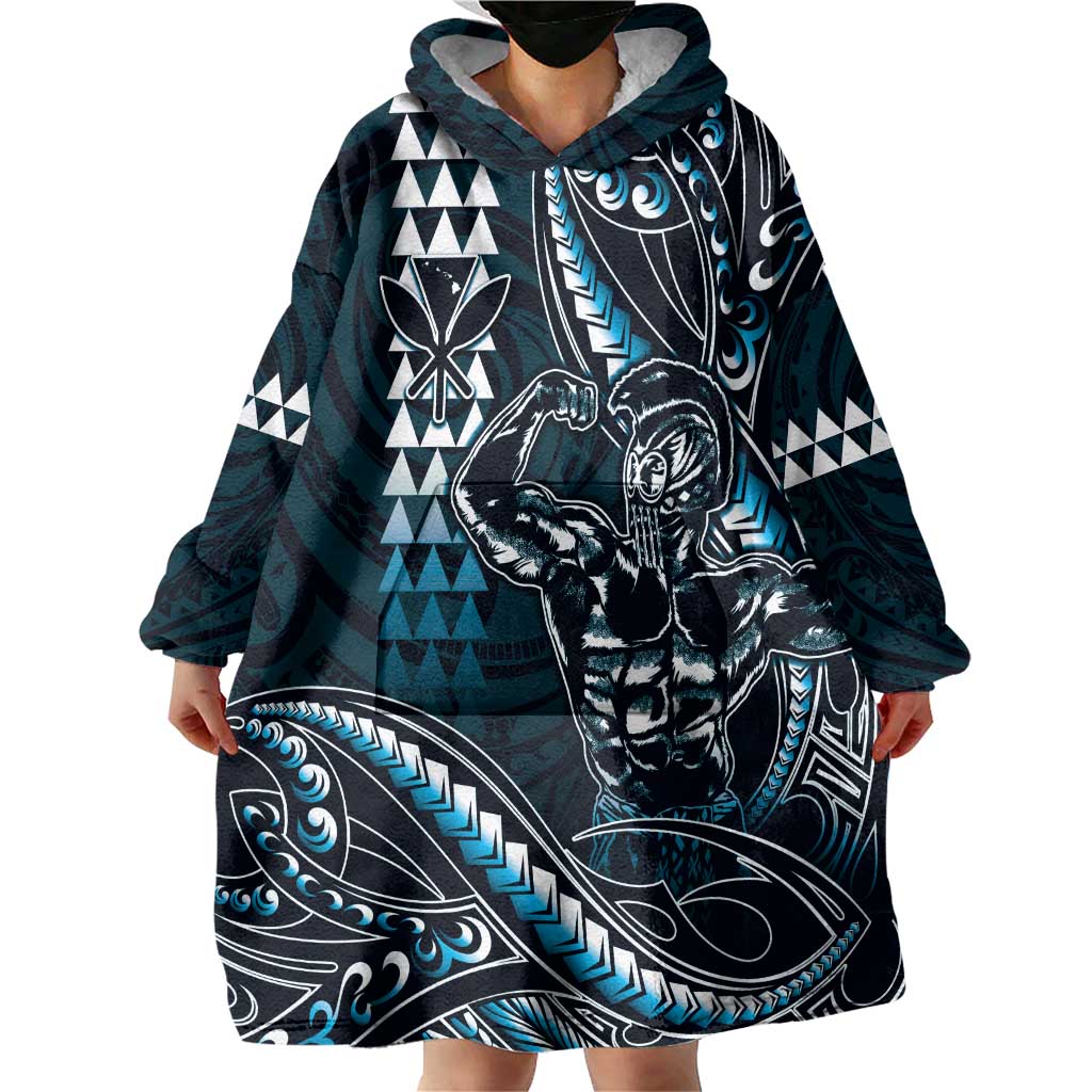 Hawaii Ikaika Warrior Helmet Wearable Blanket Hoodie Blue Tribal Tattoo