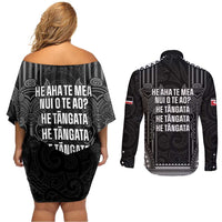 Aotearoa Toitu Te Tiriti Couples Matching Off Shoulder Short Dress and Long Sleeve Button Shirt No Kiwi Without Iwi