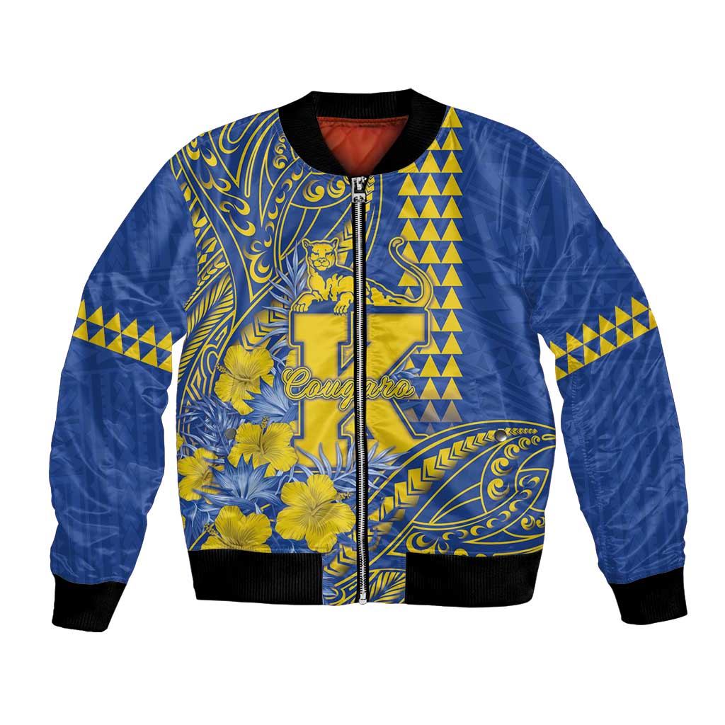 Personalised Hawaii Kaiser High School Bomber Jacket Tribal Tattoo With Hibiscus Flowers LT05 Unisex Blue - Polynesian Pride