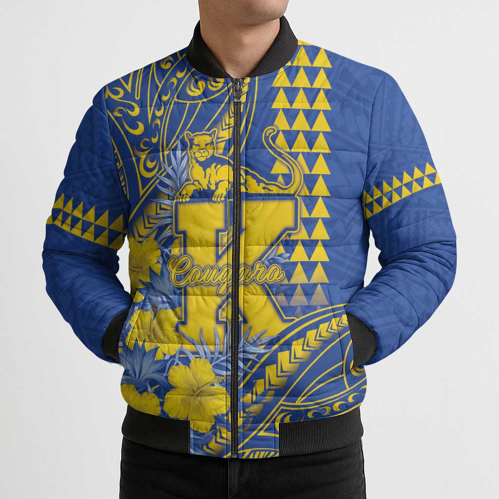 Personalised Hawaii Kaiser High School Bomber Puffer Jacket Tribal Tattoo With Hibiscus Flowers