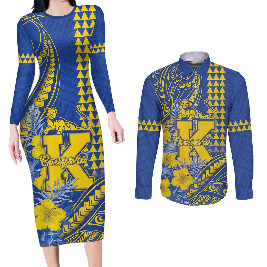 Personalised Hawaii Kaiser High School Couples Matching Long Sleeve Bodycon Dress and Long Sleeve Button Shirt Tribal Tattoo With Hibiscus Flowers