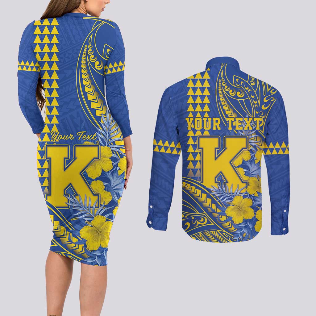 Personalised Hawaii Kaiser High School Couples Matching Long Sleeve Bodycon Dress and Long Sleeve Button Shirt Tribal Tattoo With Hibiscus Flowers