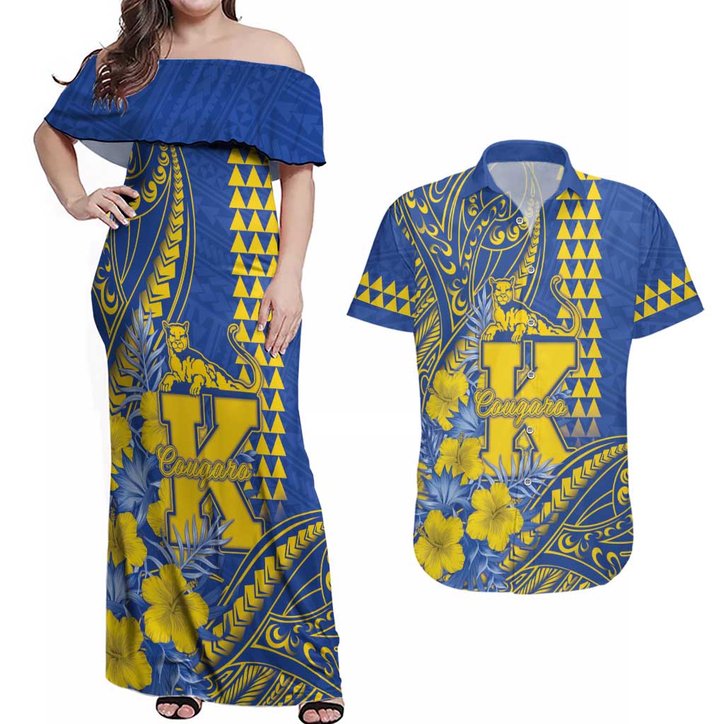 Personalised Hawaii Kaiser High School Couples Matching Off Shoulder Maxi Dress and Hawaiian Shirt Tribal Tattoo With Hibiscus Flowers