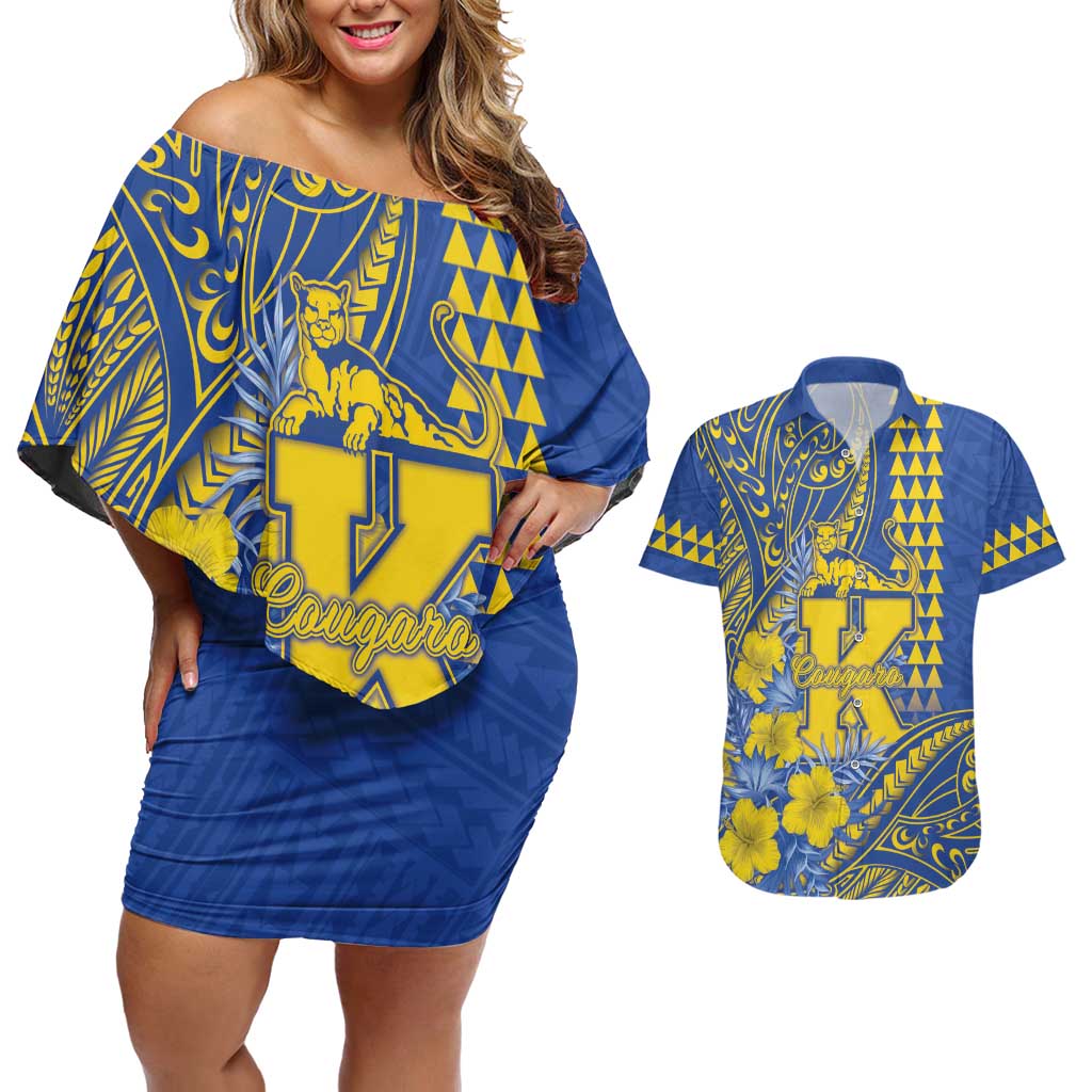 Personalised Hawaii Kaiser High School Couples Matching Off Shoulder Short Dress and Hawaiian Shirt Tribal Tattoo With Hibiscus Flowers
