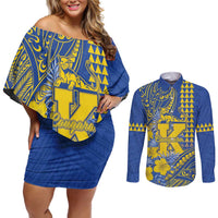 Personalised Hawaii Kaiser High School Couples Matching Off Shoulder Short Dress and Long Sleeve Button Shirt Tribal Tattoo With Hibiscus Flowers