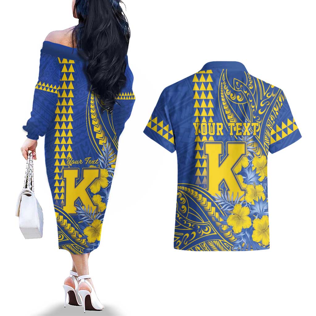 Personalised Hawaii Kaiser High School Couples Matching Off The Shoulder Long Sleeve Dress and Hawaiian Shirt Tribal Tattoo With Hibiscus Flowers