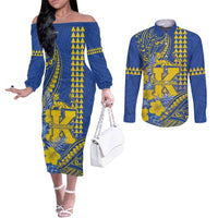 Personalised Hawaii Kaiser High School Couples Matching Off The Shoulder Long Sleeve Dress and Long Sleeve Button Shirt Tribal Tattoo With Hibiscus Flowers