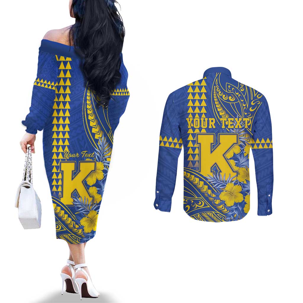 Personalised Hawaii Kaiser High School Couples Matching Off The Shoulder Long Sleeve Dress and Long Sleeve Button Shirt Tribal Tattoo With Hibiscus Flowers