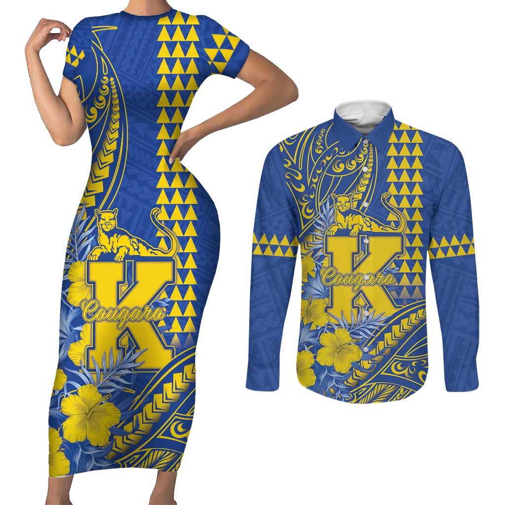 Personalised Hawaii Kaiser High School Couples Matching Short Sleeve Bodycon Dress and Long Sleeve Button Shirt Tribal Tattoo With Hibiscus Flowers