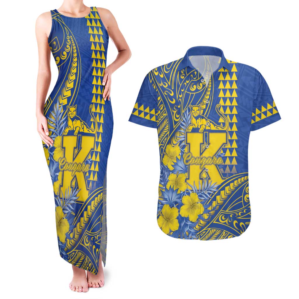 Personalised Hawaii Kaiser High School Couples Matching Tank Maxi Dress and Hawaiian Shirt Tribal Tattoo With Hibiscus Flowers
