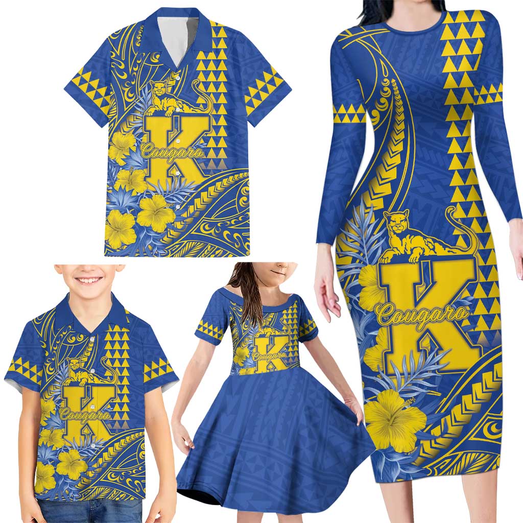 Personalised Hawaii Kaiser High School Family Matching Long Sleeve Bodycon Dress and Hawaiian Shirt Tribal Tattoo With Hibiscus Flowers