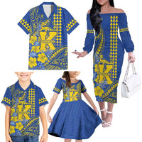 Personalised Hawaii Kaiser High School Family Matching Off The Shoulder Long Sleeve Dress and Hawaiian Shirt Tribal Tattoo With Hibiscus Flowers