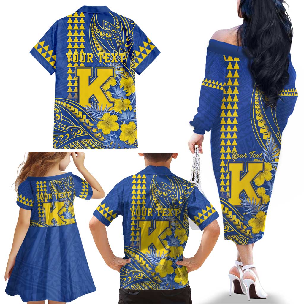 Personalised Hawaii Kaiser High School Family Matching Off The Shoulder Long Sleeve Dress and Hawaiian Shirt Tribal Tattoo With Hibiscus Flowers