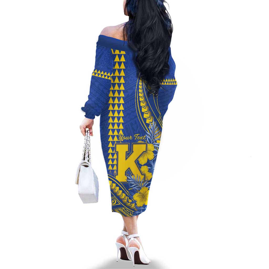 Personalised Hawaii Kaiser High School Family Matching Off The Shoulder Long Sleeve Dress and Hawaiian Shirt Tribal Tattoo With Hibiscus Flowers