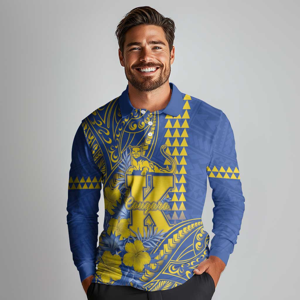 Personalised Hawaii Kaiser High School Long Sleeve Polo Shirt Tribal Tattoo With Hibiscus Flowers