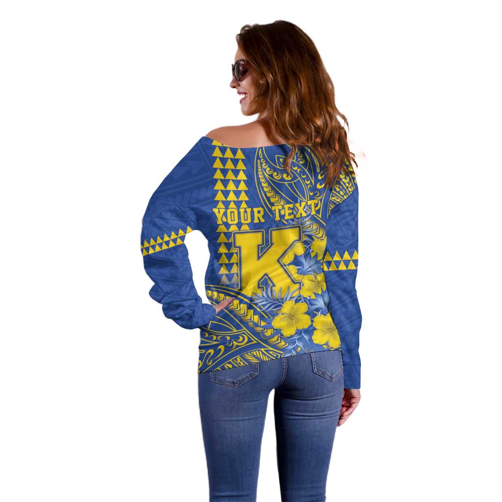 Personalised Hawaii Kaiser High School Off Shoulder Sweater Tribal Tattoo With Hibiscus Flowers