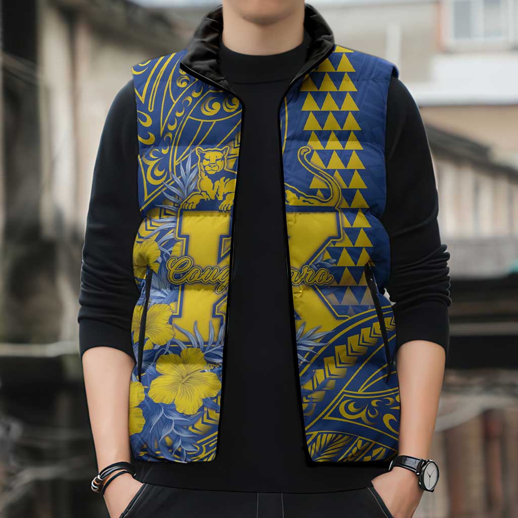 Personalised Hawaii Kaiser High School Sleeveless Puffer Jacket Tribal Tattoo With Hibiscus Flowers