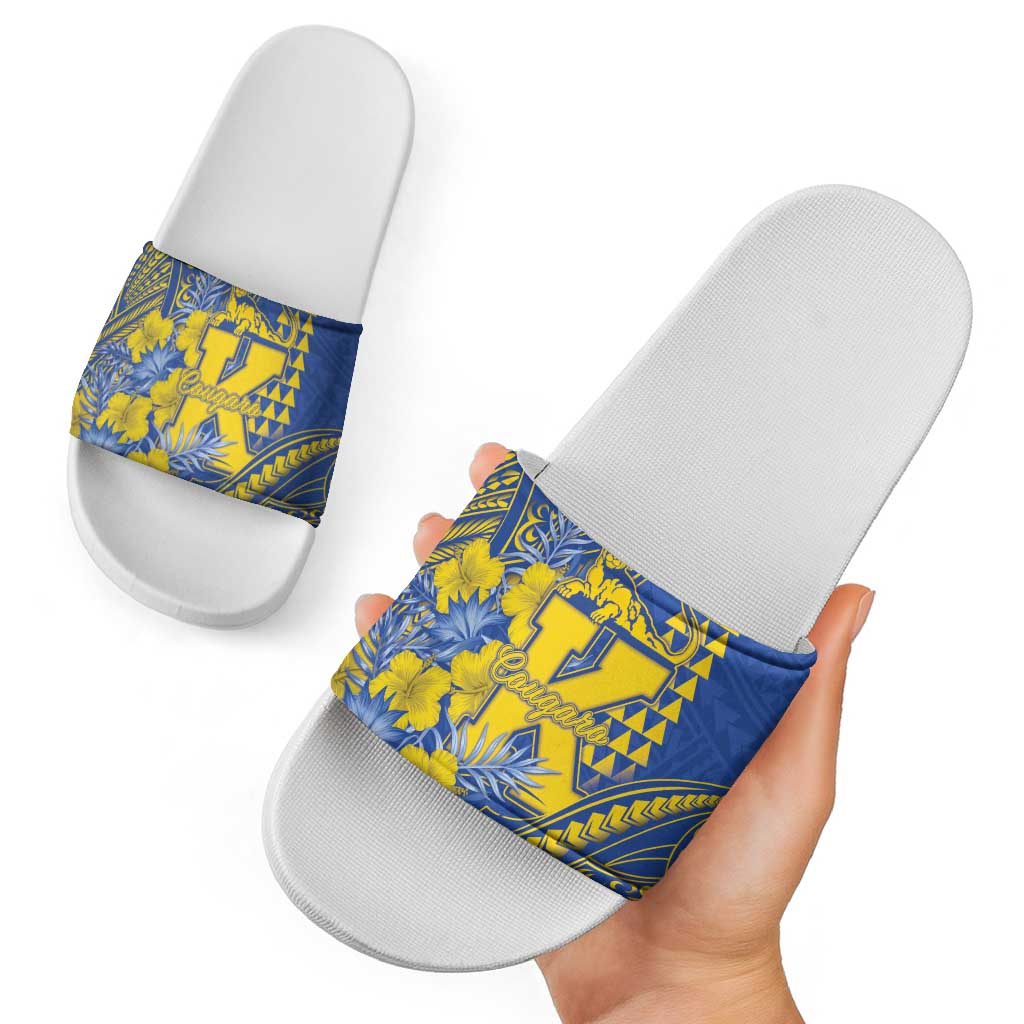 Hawaii Kaiser High School Slide Sandals Tribal Tattoo With Hibiscus Flowers