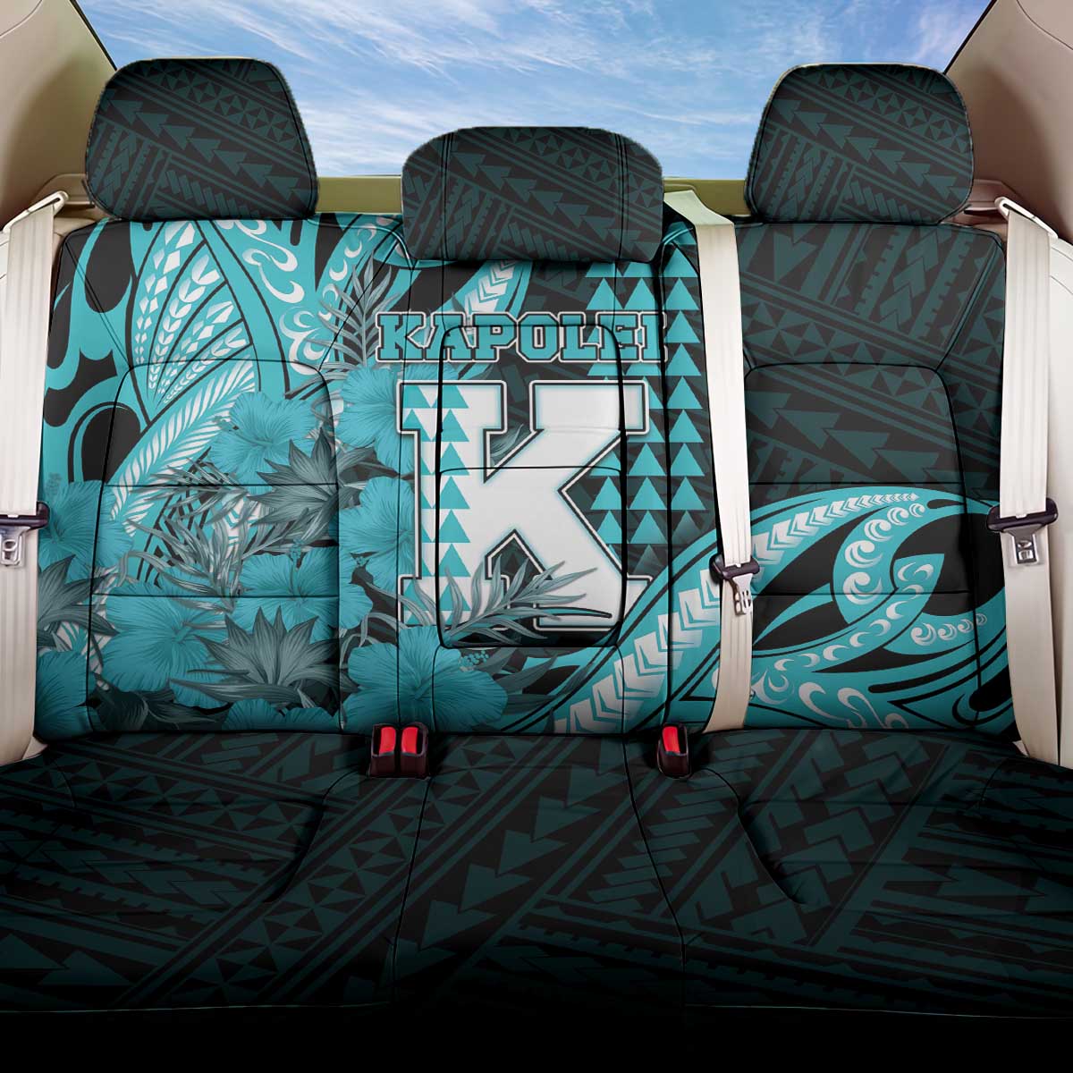 Hawaii Kapolei High School Back Car Seat Cover Tribal Tattoo With Hibiscus Flowers LT05 One Size Dark Teal - Polynesian Pride