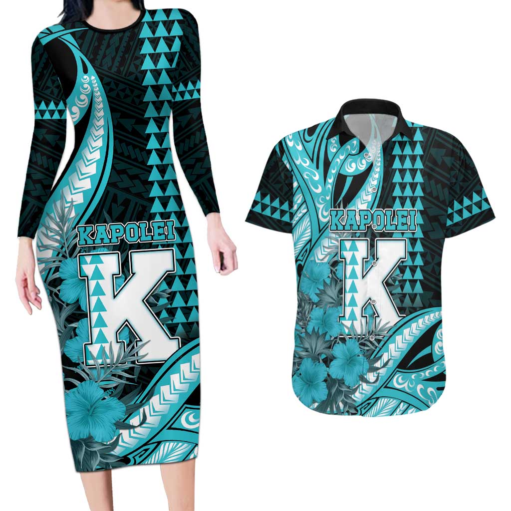 Personalised Hawaii Kapolei High School Couples Matching Long Sleeve Bodycon Dress and Hawaiian Shirt Tribal Tattoo With Hibiscus Flowers