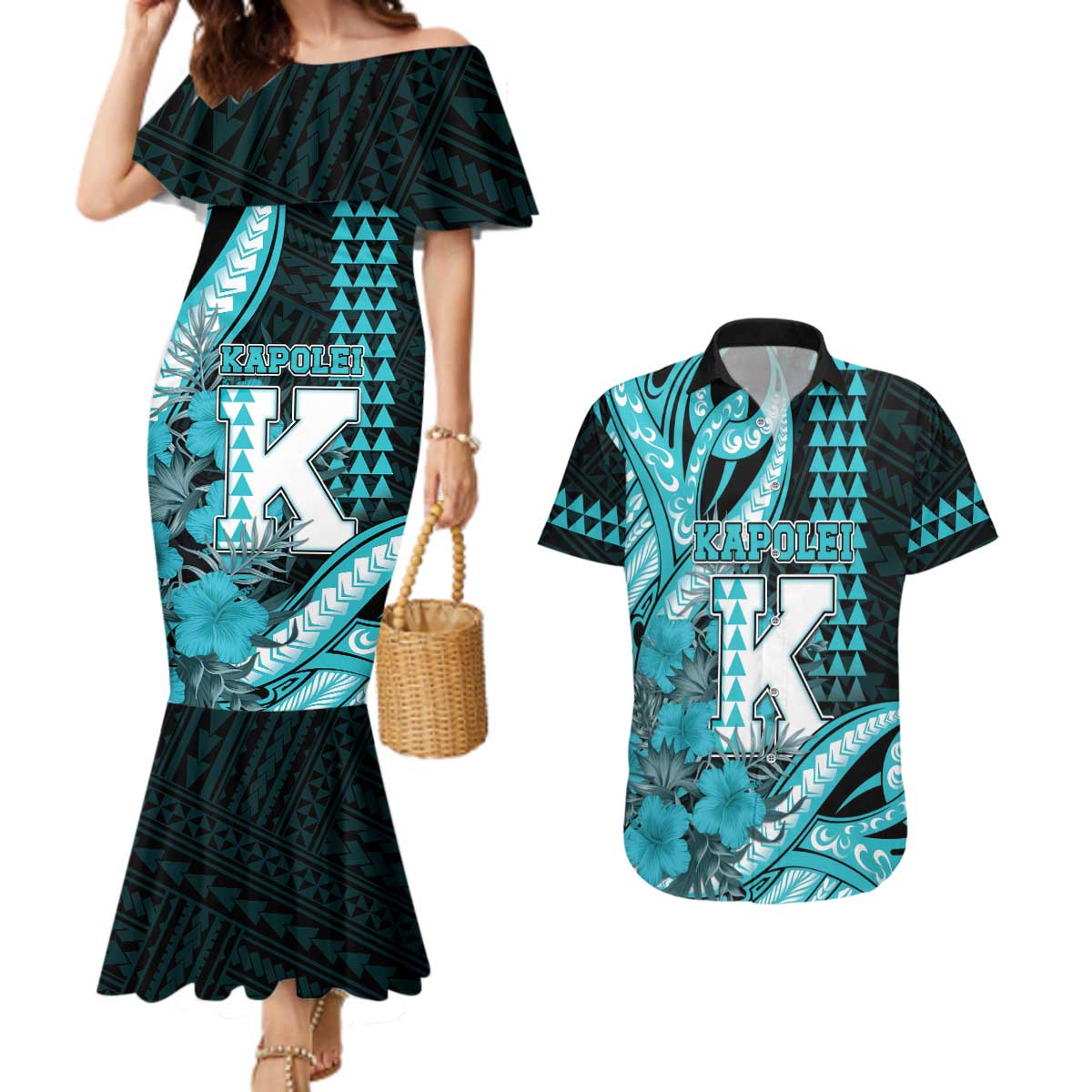 Personalised Hawaii Kapolei High School Couples Matching Mermaid Dress and Hawaiian Shirt Tribal Tattoo With Hibiscus Flowers