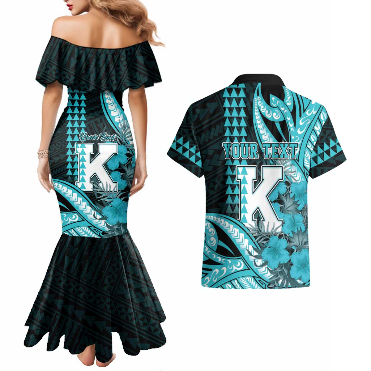 Personalised Hawaii Kapolei High School Couples Matching Mermaid Dress and Hawaiian Shirt Tribal Tattoo With Hibiscus Flowers