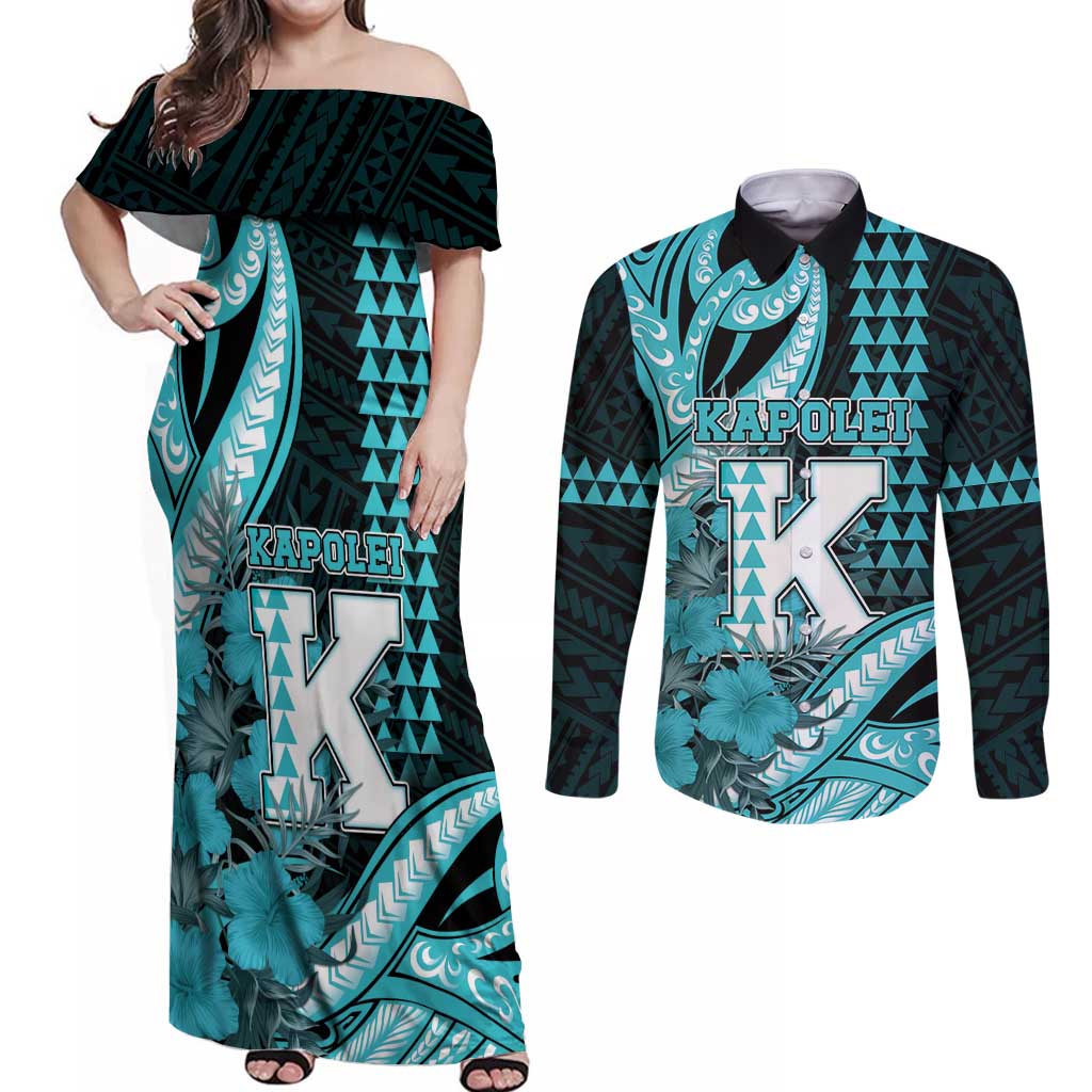 Personalised Hawaii Kapolei High School Couples Matching Off Shoulder Maxi Dress and Long Sleeve Button Shirt Tribal Tattoo With Hibiscus Flowers