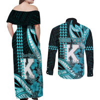 Personalised Hawaii Kapolei High School Couples Matching Off Shoulder Maxi Dress and Long Sleeve Button Shirt Tribal Tattoo With Hibiscus Flowers