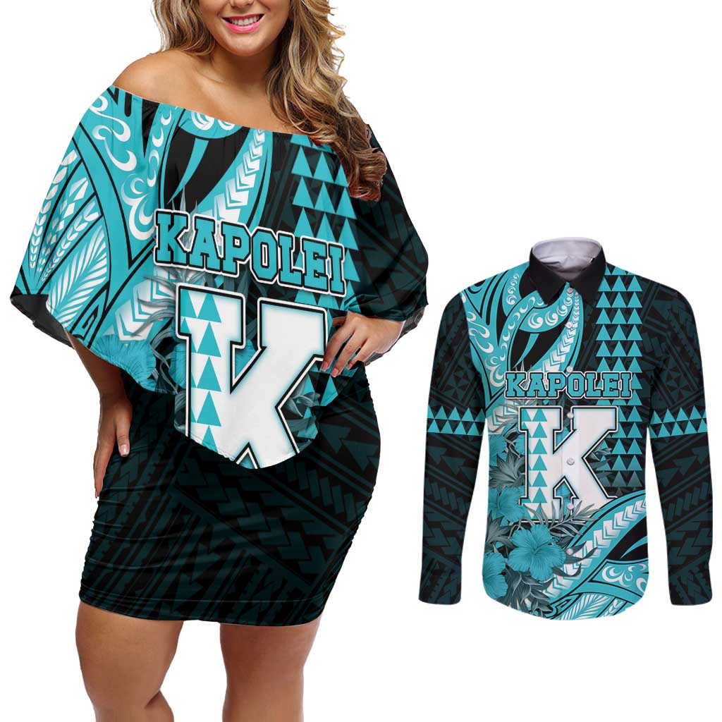 Personalised Hawaii Kapolei High School Couples Matching Off Shoulder Short Dress and Long Sleeve Button Shirt Tribal Tattoo With Hibiscus Flowers