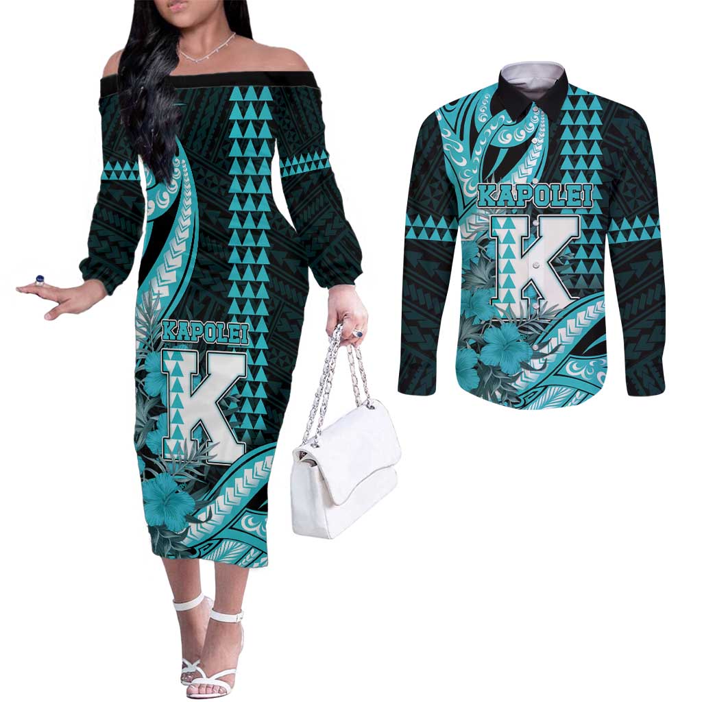 Personalised Hawaii Kapolei High School Couples Matching Off The Shoulder Long Sleeve Dress and Long Sleeve Button Shirt Tribal Tattoo With Hibiscus Flowers