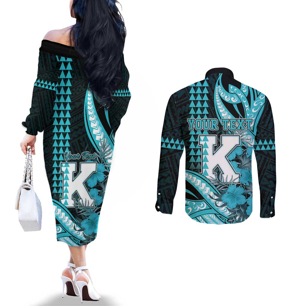 Personalised Hawaii Kapolei High School Couples Matching Off The Shoulder Long Sleeve Dress and Long Sleeve Button Shirt Tribal Tattoo With Hibiscus Flowers