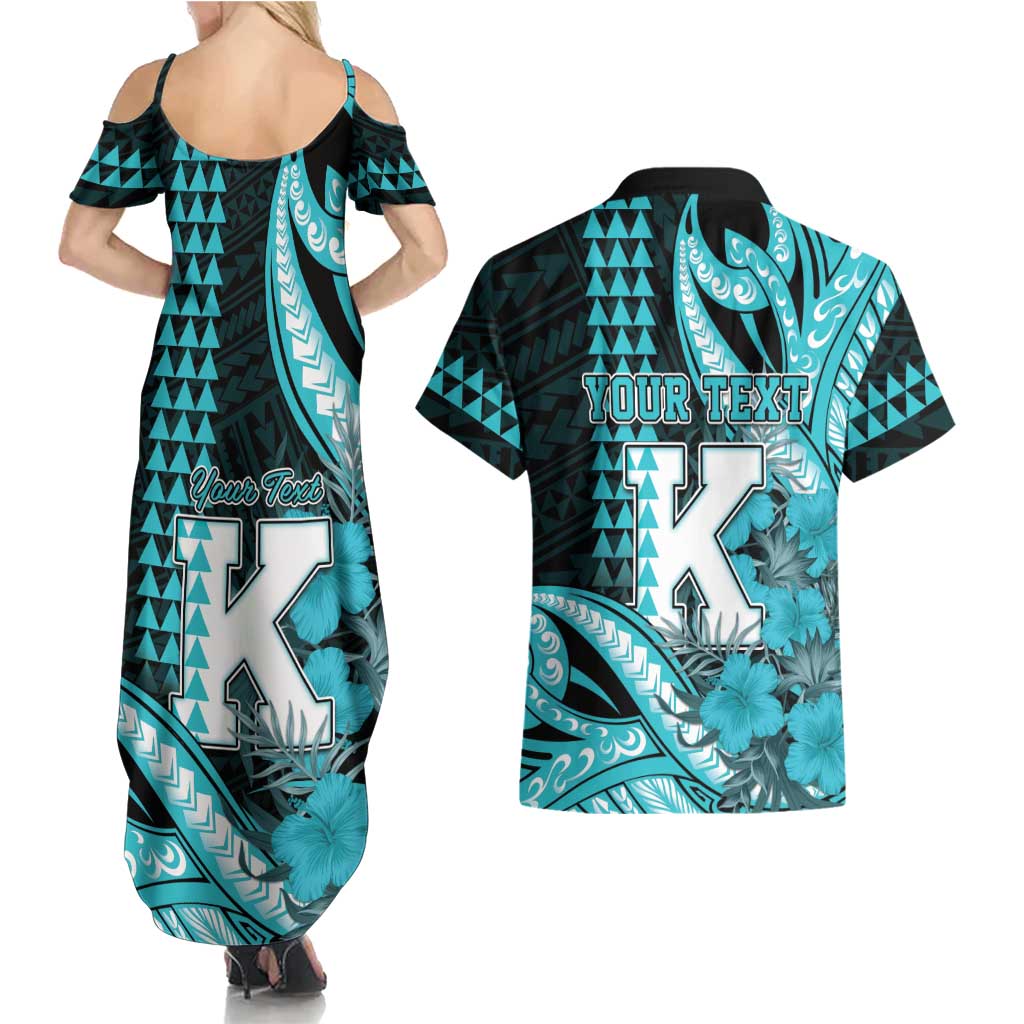 Personalised Hawaii Kapolei High School Couples Matching Summer Maxi Dress and Hawaiian Shirt Tribal Tattoo With Hibiscus Flowers