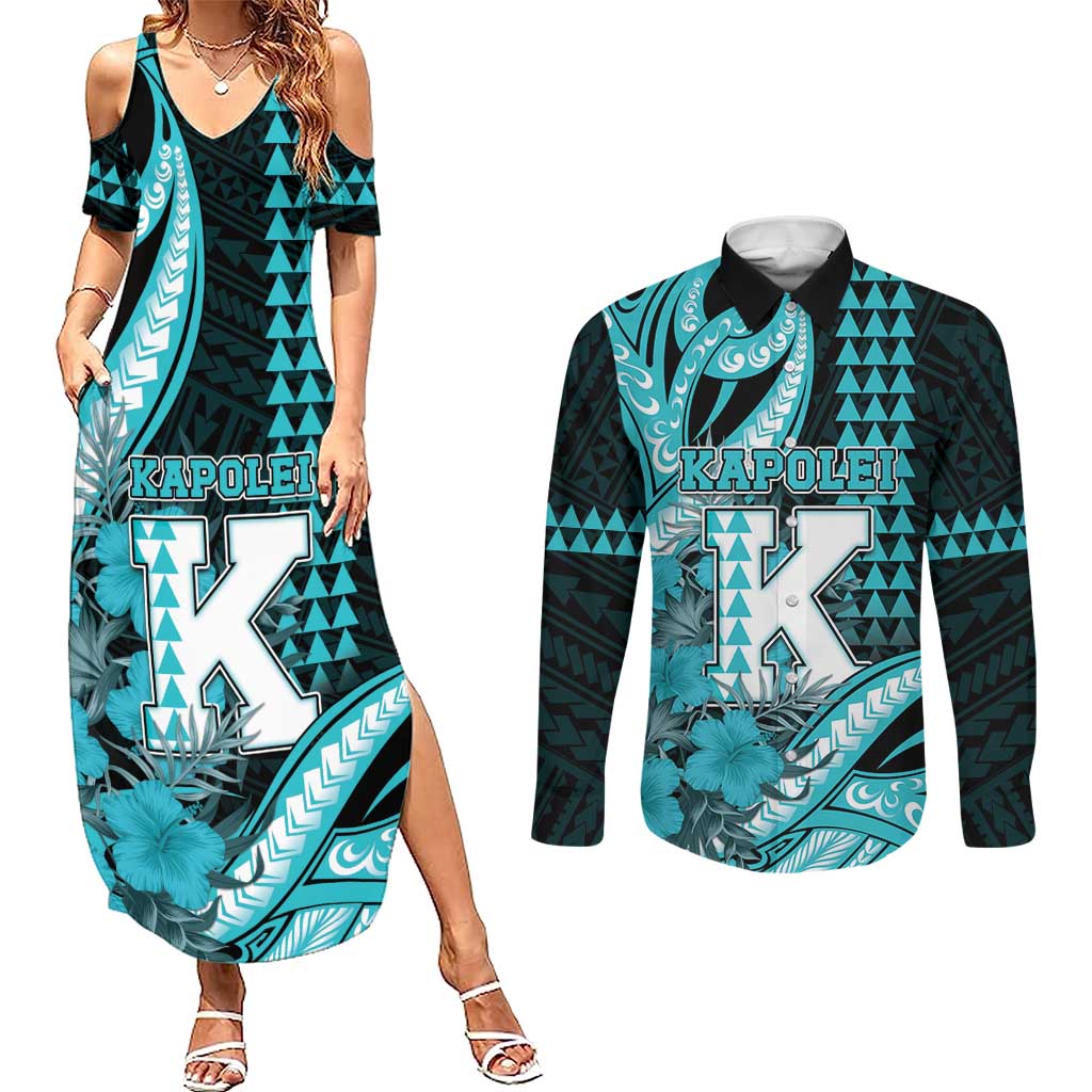 Personalised Hawaii Kapolei High School Couples Matching Summer Maxi Dress and Long Sleeve Button Shirt Tribal Tattoo With Hibiscus Flowers