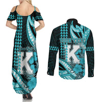 Personalised Hawaii Kapolei High School Couples Matching Summer Maxi Dress and Long Sleeve Button Shirt Tribal Tattoo With Hibiscus Flowers