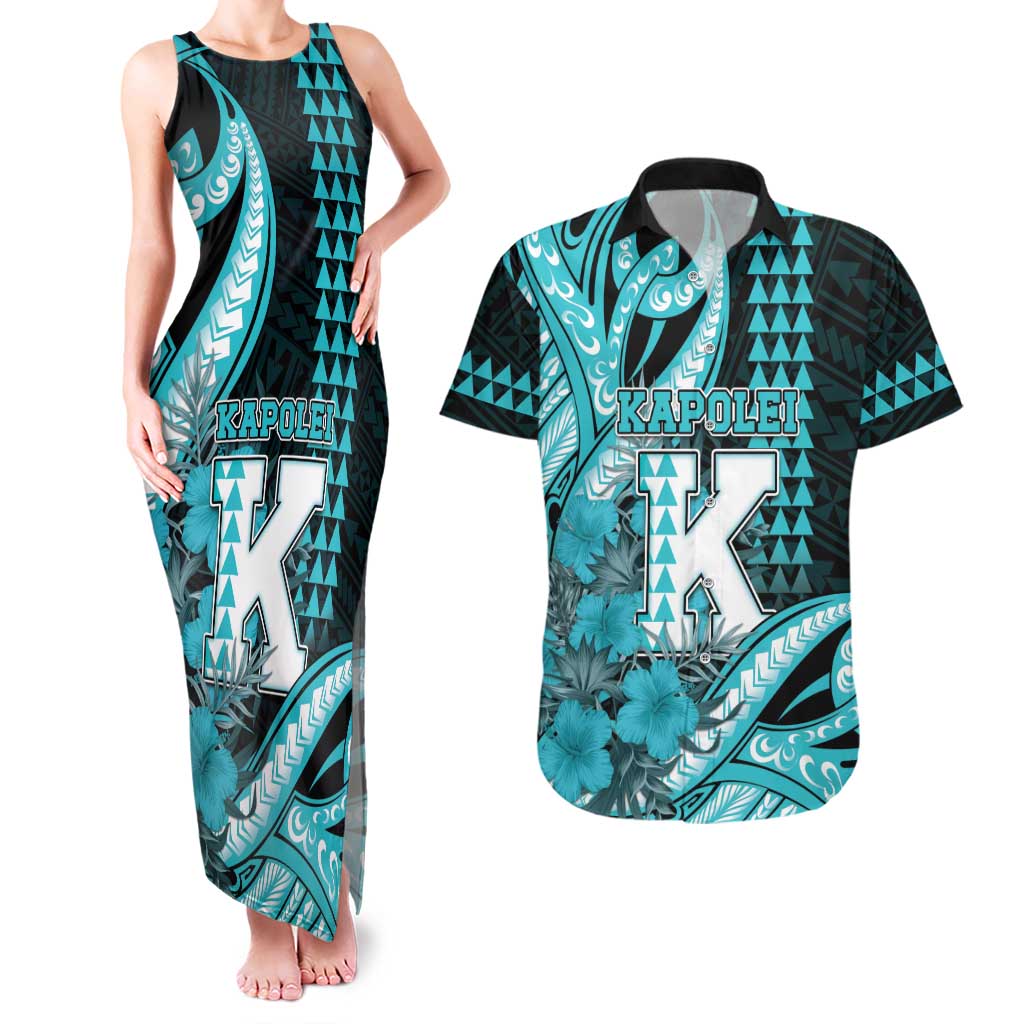 Personalised Hawaii Kapolei High School Couples Matching Tank Maxi Dress and Hawaiian Shirt Tribal Tattoo With Hibiscus Flowers