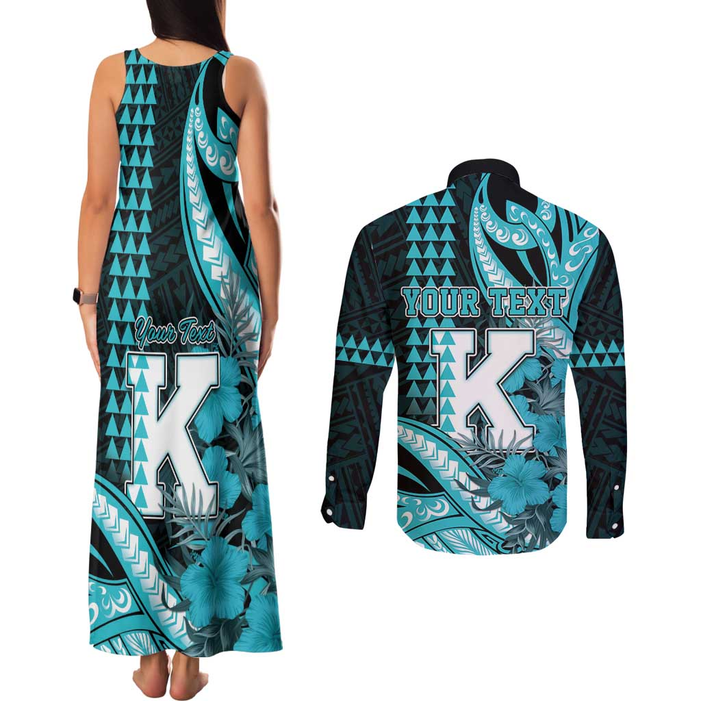 Personalised Hawaii Kapolei High School Couples Matching Tank Maxi Dress and Long Sleeve Button Shirt Tribal Tattoo With Hibiscus Flowers