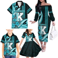 Personalised Hawaii Kapolei High School Family Matching Off The Shoulder Long Sleeve Dress and Hawaiian Shirt Tribal Tattoo With Hibiscus Flowers