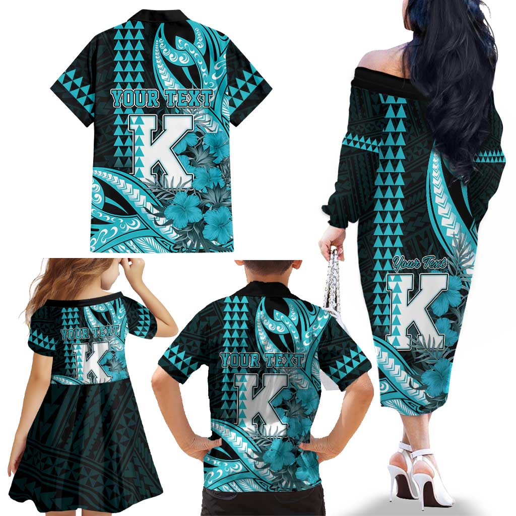 Personalised Hawaii Kapolei High School Family Matching Off The Shoulder Long Sleeve Dress and Hawaiian Shirt Tribal Tattoo With Hibiscus Flowers