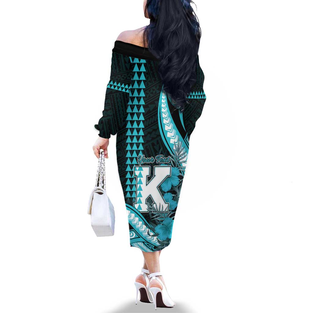 Personalised Hawaii Kapolei High School Family Matching Off The Shoulder Long Sleeve Dress and Hawaiian Shirt Tribal Tattoo With Hibiscus Flowers