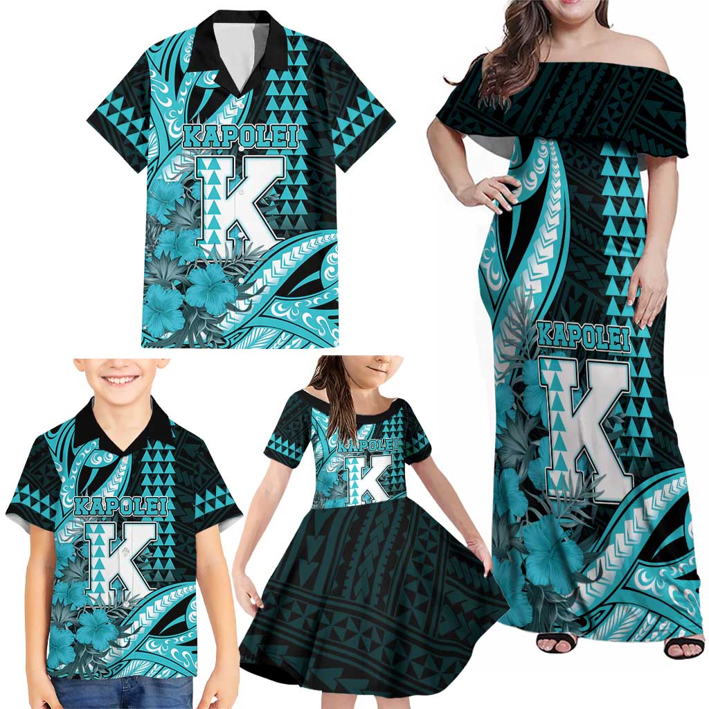Personalised Hawaii Kapolei High School Family Matching Off Shoulder Maxi Dress and Hawaiian Shirt Tribal Tattoo With Hibiscus Flowers