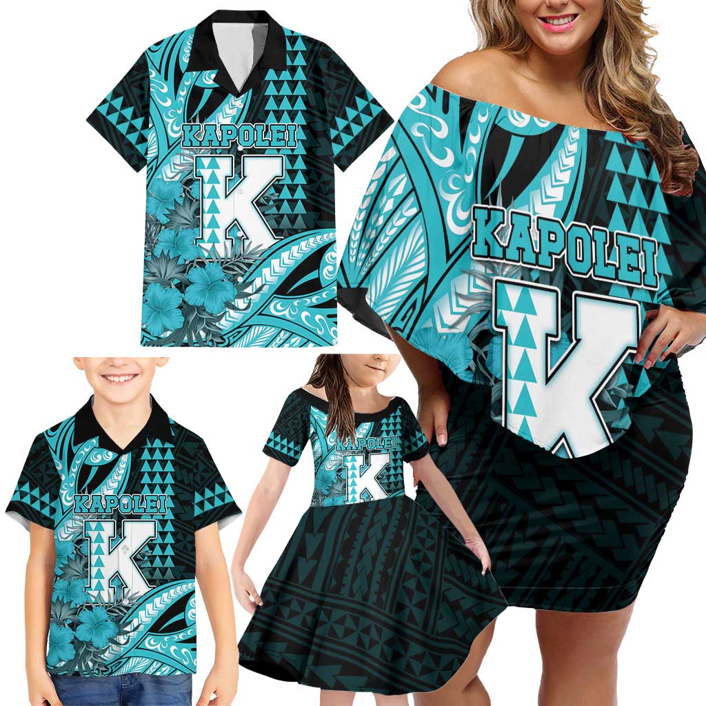 Personalised Hawaii Kapolei High School Family Matching Off Shoulder Short Dress and Hawaiian Shirt Tribal Tattoo With Hibiscus Flowers