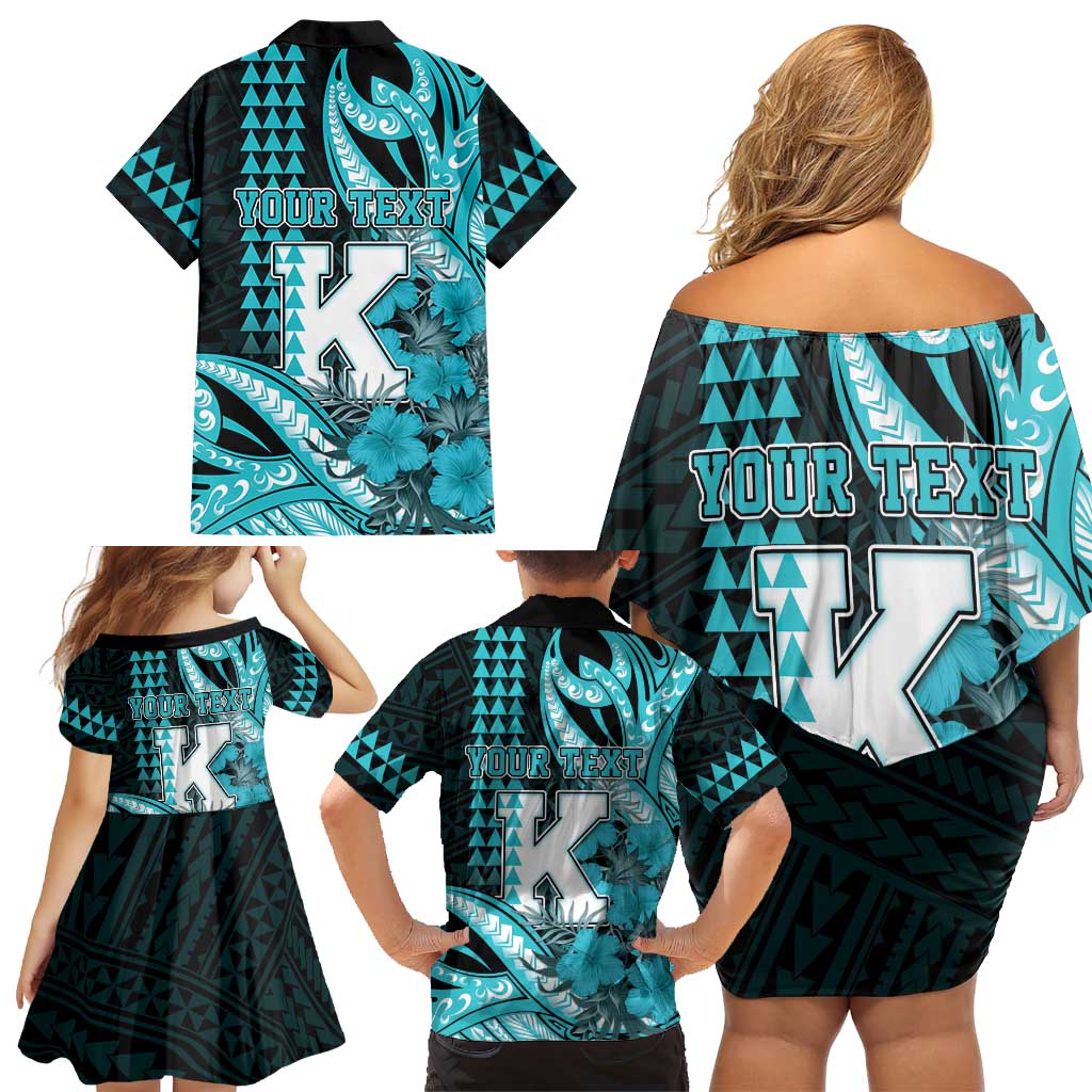 Personalised Hawaii Kapolei High School Family Matching Off Shoulder Short Dress and Hawaiian Shirt Tribal Tattoo With Hibiscus Flowers