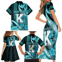 Personalised Hawaii Kapolei High School Family Matching Short Sleeve Bodycon Dress and Hawaiian Shirt Tribal Tattoo With Hibiscus Flowers