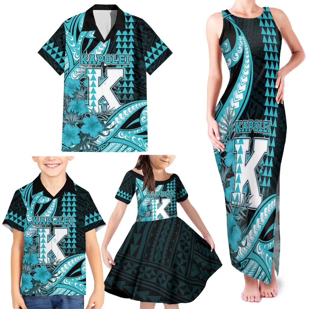 Personalised Hawaii Kapolei High School Family Matching Tank Maxi Dress and Hawaiian Shirt Tribal Tattoo With Hibiscus Flowers