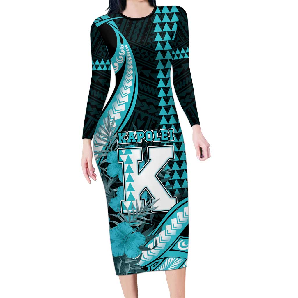 Personalised Hawaii Kapolei High School Long Sleeve Bodycon Dress Tribal Tattoo With Hibiscus Flowers