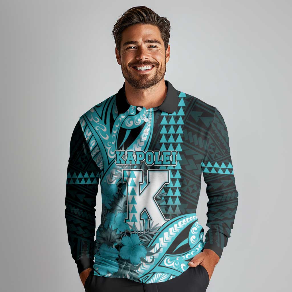 Personalised Hawaii Kapolei High School Long Sleeve Polo Shirt Tribal Tattoo With Hibiscus Flowers